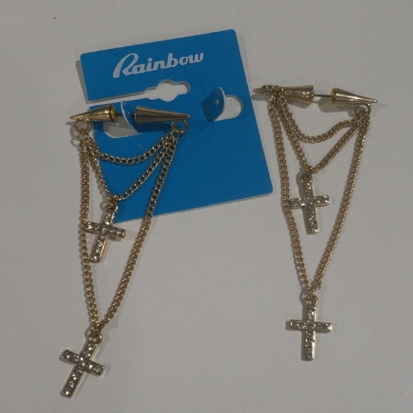 Gold-tone Layered Chain Sparkling Crosses Drop Earrings 3.5-in - Women's Jewelry - Picture 1 of 7